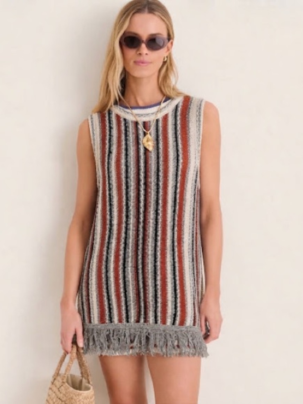 Massimo Dutti Sleeveless Fringe Knit Sweater - Red, Gray, Cream